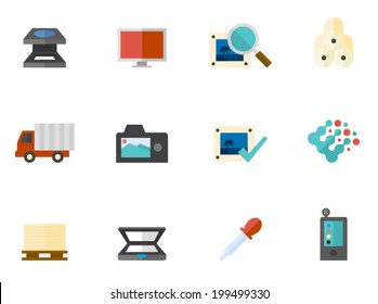 Printing related items icon series in flat colors style.