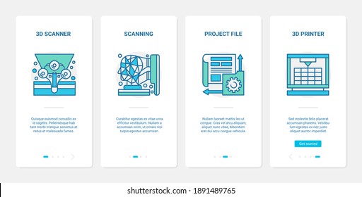 Printing scanning equipment vector illustration. UX, UI onboarding mobile app page screen set with line document scanner with human head abstract symbol, printer offset machine for typography printery
