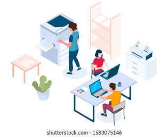 Printing services vector concept illustration. Isometric male and female characters of print shop, publishing house workers and equipment. Printing house composition for web banner, website page etc.