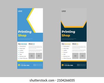 Druckerei rollt Banner-Vorlagen-Design hoch. Drucken von Werbebannerblättern. Cover, Poster, Roll-up-Banner, druckfertig