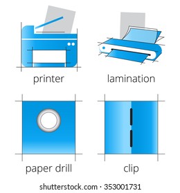 Printing shop services blue icons set with printer, MFP, scanner, laminator isolated on white background. Part 6