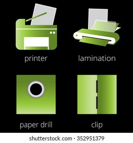 Printing shop services green icons set with printer, MFP, scanner, laminator isolated on white background. Part 6