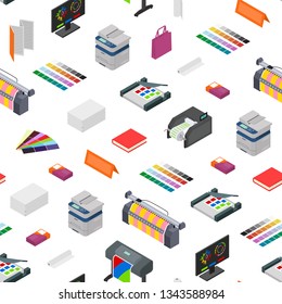 Printing Signs 3d Seamless Pattern Background on a White Isometric View Include of Paper, Printer, Paint, Palette and Computer. Vector illustration of Icon