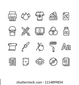 Printing Signs Black Thin Line Icon Set Include of Bottle, Pencil, Screen and Image. Vector illustration of Icons