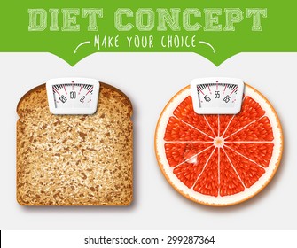Printing sticker for scales with bread and orange food.