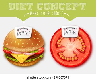 Printing sticker for scales with hamburger and tomato food.