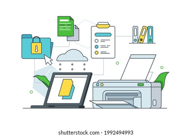 Printing and storing physical documents vector illustration. Folders with papers, printer and laptop flat style. Storage and archive concept