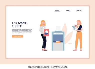 Sitio web de estudio de impresión o tipografía en el que se burlan trabajadores o diseñadores de la poligrafía, ilustración vectorial plana. Banner de publicidad de servicios de tecnología de prensa de Offset.