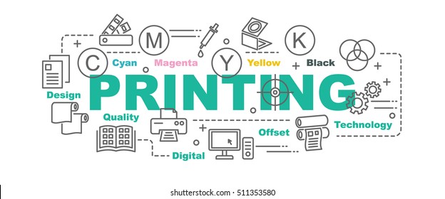 printing vector banner design concept, flat style with thin line art printing icons on white background
 svg