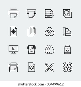 Printing vector icon set in thin line style