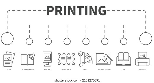 concepto de impresión de Vector Illustration. Cartel con iconos y palabras clave . elementos vectores de símbolo de impresión para web infográfica