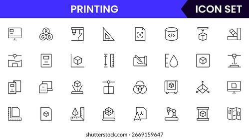 Iconos de línea de Vector de impresión con impresoras, objetos en capas, materiales inteligentes, modelado, innovación, prototipos y herramientas de fabricación aditiva.