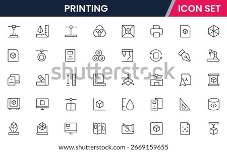 Printing vector line icons featuring printers, layered objects, smart materials, modeling, innovation, prototypes, and additive manufacturing tools.