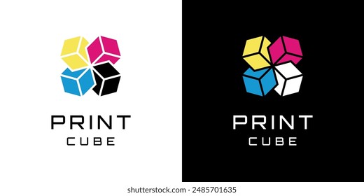 Printing Vector Logo. Print Hexagon Logotype with Yellow, Cyan, Magenta and Black Colors. Four Round Cubes Sign for Printing House Service. Cmyk Color Model Icon for Photocopy on Double Background. 