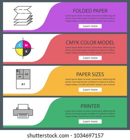 Printing web banner templates set. Polygraphy and typography. Folded paper, cmyk color model, paper sizes, printer. Website color menu items. Vector headers design concepts