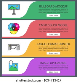 Printing web banner templates set. Polygraphy and typography. Billboard mockup, cmyk color model, large format printer, image uploading. Website color menu items. Vector headers design concepts