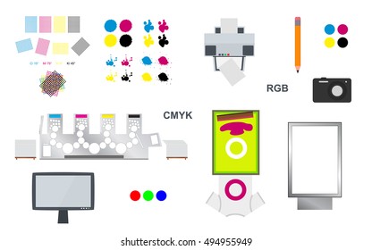 printing and web vector set - printing rosettes, printing machine, lcd monitor, camera, citylight lightbox, pencil, desktop printer, screen printing on T-shirt and cmyk blots