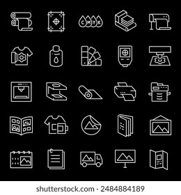 Printing, white line icons. Digital and offset printing processes. Essential for publishing and graphic design themes. Symbols on black background. Editable stroke.