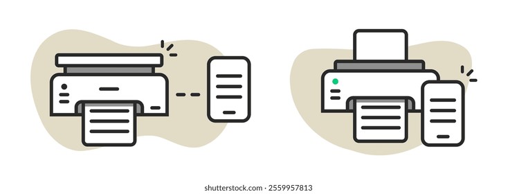 Printing wirelessly from cell phone mobile device technology icon vector graphic illustration set line stroke outline, air printer printout from smartphone cellphone pictogram minimal image