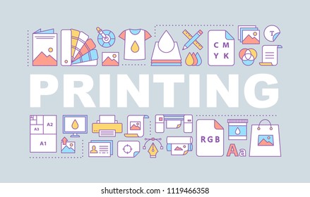 Printing word concepts banner. Polygraphy and typography. Graphic design. Printers, color models, mockups. Isolated lettering typography idea with linear icons. Vector outline illustratio