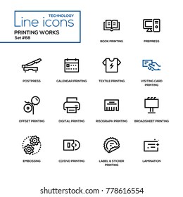 Printing works - line design icons set. High quality black pictogram. Book, prepress, postpress, calendar, textile, visiting card, offset, digital, risograph, broadsheet, embossing, cd, dvd