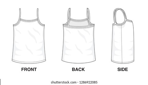 PrintIsolated object of clothes and fashion stylish wear fill in blank shirt top. Regular Tee V-Neck Strap strapped Tee Sleeveless Top Illustration Vector Template. Front, back and side view