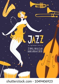 Printjazz poster with cute dancing girl and musical instruments