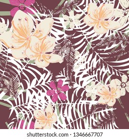 Printloral bouquet vector pattern with  flowers and Tropical palm leaves