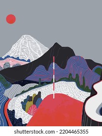 Printmaking Landscape Natural Illustration Vector Map Mountain Sun