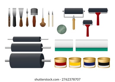 Printmaking tools. Printmaking icon sets. Printmaking art supplies collection. White background, isolated, art equipment, tools, artist, rollers, brush, knife, lithograph, silk screen, etching, wood cut.