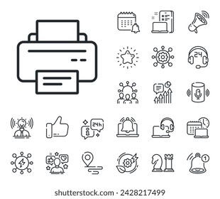 Printout Electronic Device sign. Place location, technology and smart speaker outline icons. Printer icon. Office equipment symbol. Printer line sign. Influencer, brand ambassador icon. Vector