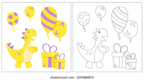 Impreso para preescolares. Colorear un libro con un ejemplo. Fiestas, cumpleaños, evento, navidad, año nuevo. Gráficos vectoriales. EPS 10. Pruebas, desarrollo, aprendizaje, acertijos.