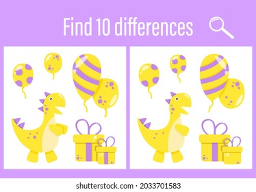 Printout for preschoolers. Find 10 differences. Vector graphics. Child development. Birthday, Dinosaur, holiday, Tyrannosaurus rex, Jurassic. For children's books, notebooks. Child's education.