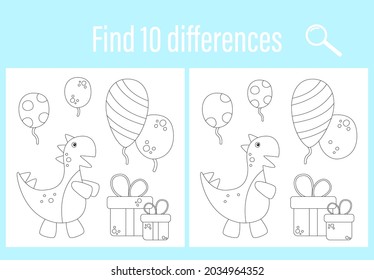 Printout for preschoolers. Find 10 differences coloring book. Vector graphics. Child development. Birthday, Dinosaur, Tyrannosaurus rex, Jurassic. For children's books, notebooks. Child's education.