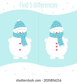 Printout for preschoolers. Find 5 differences. Snowman in a hat and a scarf. EPS 10. New year, christmas, holiday, gifts, snow, winter, vacations. Child development. Design for books, notebooks.