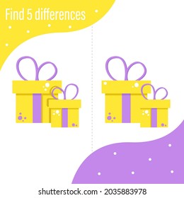 Printout for preschoolers. Find 5 differences. Gift box. Holiday, birthday, new year, christmas. EPS 10. Development, test, puzzle for a child. Design for books, notebooks. Printing on paper.