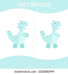 Printout for preschoolers. Find 5 differences. Cute dinosaur, Blue Tyrannosaurus rex, Jurassic period. EPS 10. Development, test, puzzle for a child. Design for books, notebooks. Printing on paper.