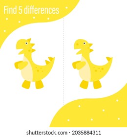 Printout for preschoolers. Find 5 differences. Cute dinosaur, Yellow Tyrannosaurus rex, Jurassic. EPS 10. Development, test, puzzle for a child. Design for books, notebooks. Printing on paper.