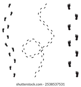 PrintPrint. Vector illustrationBlack footprints on a white background show varied paths: straight, looping, and zigzag. Symbolizes journey and direction. Ideal for travel and decision themes.