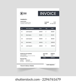 Print-Ready Creative Invoice Template für Corporate Business. Corporate-Rechnungsdesign mit abstrakten Elementen für einen einzigartigen Touch
