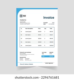 Print-Ready Creative Invoice Template für Corporate Business. Corporate-Rechnungsdesign mit abstrakten Elementen für einen einzigartigen Touch