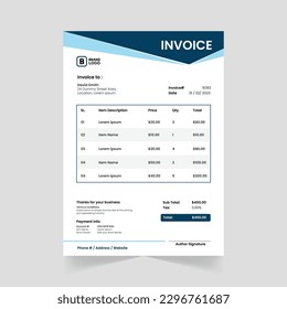 Print-Ready Creative Invoice Template for Corporate Businesses. Corporate invoice design with abstract elements for a unique touch