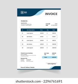 Plantilla de factura creativa lista para impresión para empresas corporativas. Diseño de facturas corporativas con elementos abstractos para un toque único