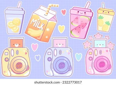 print-ready  kawaii big sticker set  cute cartoon camera and fruits, vector on purple background, soft pink color, pastel color  doodle stickers 