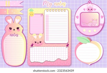 print-ready  kawaii bunny big set sticker note, personal notepaper cute cartoon animals  on pink background, inspiration  pastel color organiser, memo notepad, weekly notes. To do list 