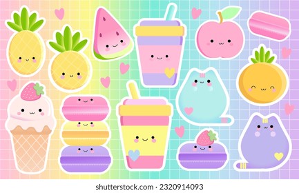 print-ready  kawaii set sticker layout fruit,  cute cartoon animals and fruits, watermelon, heart, pineapple , cat, bunny on purple background, soft pink color, pastel color stickers 