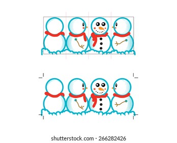 Print-Ready with Mock up of Snowman Ornament. Once scored (see diagram - magenta dashed lines) it will fold to be a desk ornament by just adding tape to the ends.