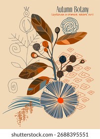 A print-ready poster (card) in a primitive, folk botanical style on the theme of autumn. Vector digital illustration of fantasy flowers and plants with text in blue and orange colors.