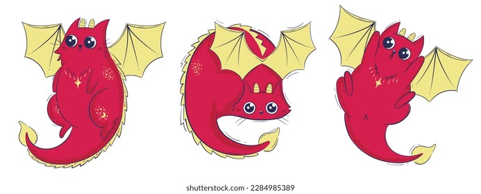 PrintReady Red Dragoncat Collection. Adorable Kitties with Wings and Tails in Various Poses Clipart