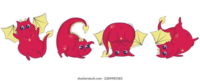 PrintReady Red Dragoncat Collection. Adorable Kitties with Wings and Tails in Various Poses Clipart